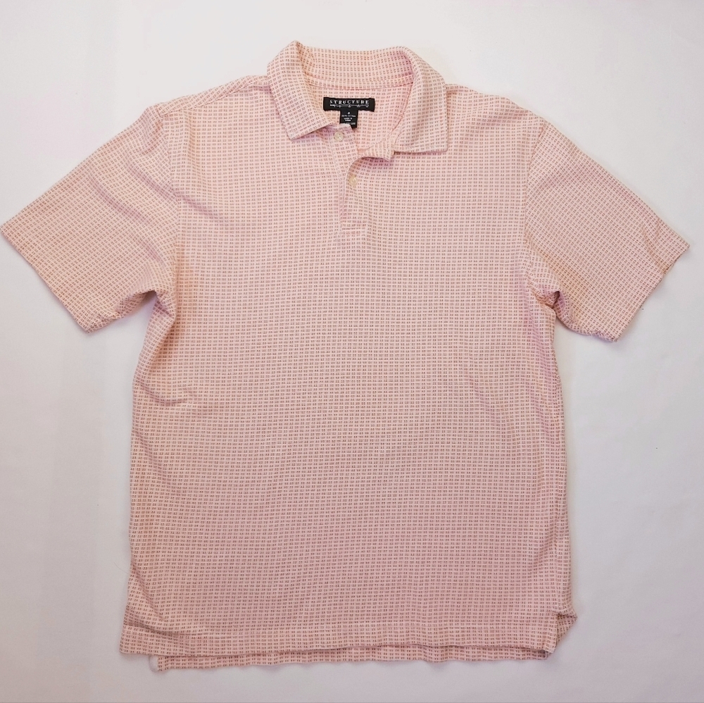 Structure Vintage Orange White Checked 100% Cotton Knit Polo Shirt Mens Small